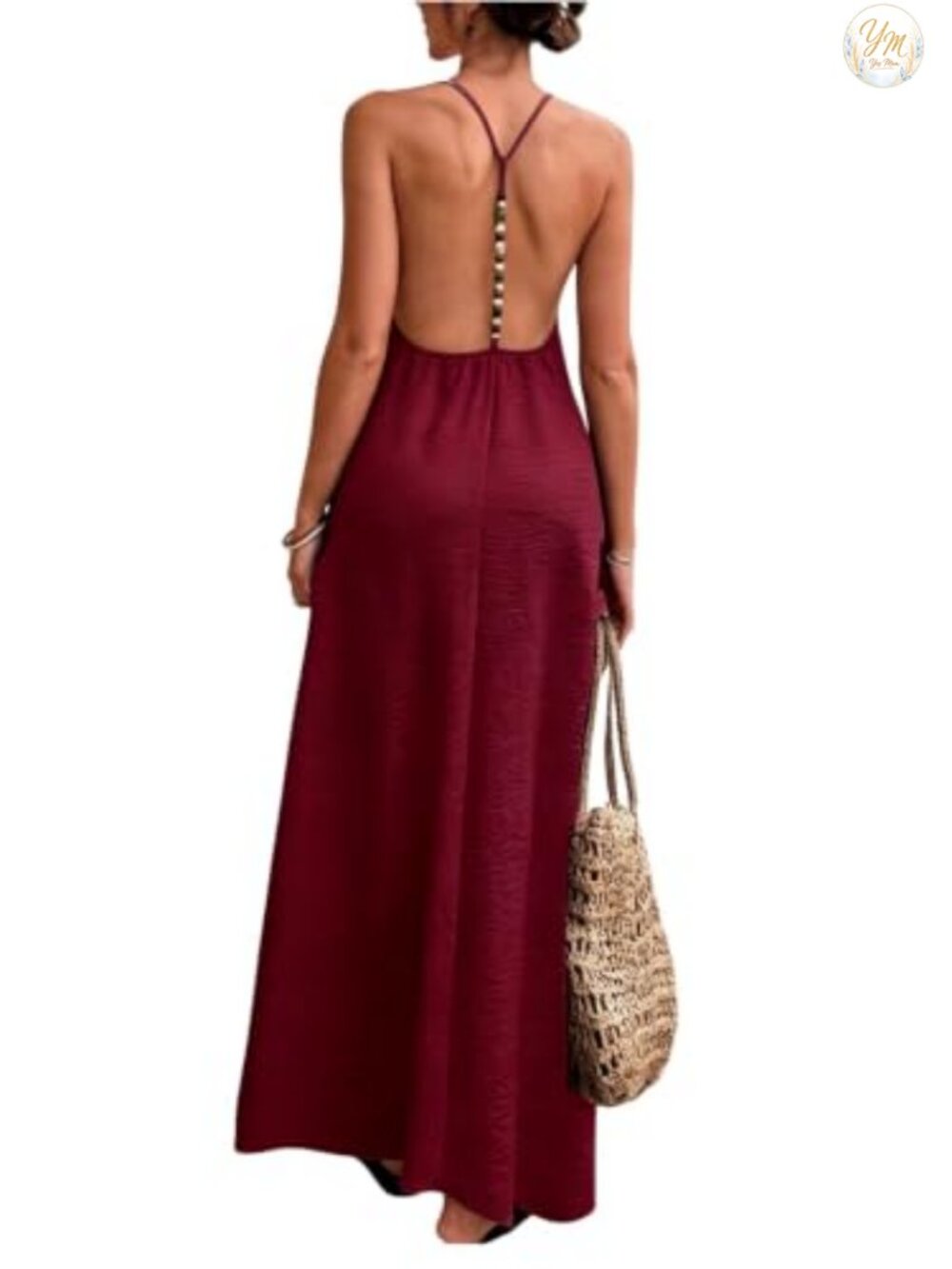 Women's Backless Cami Maxi Dress Linen Look Beaded Sundress Beach Cover Up